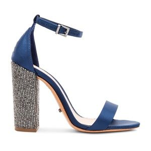 SCHUTZ HARA Blue Leather & Satin Embellished Heels